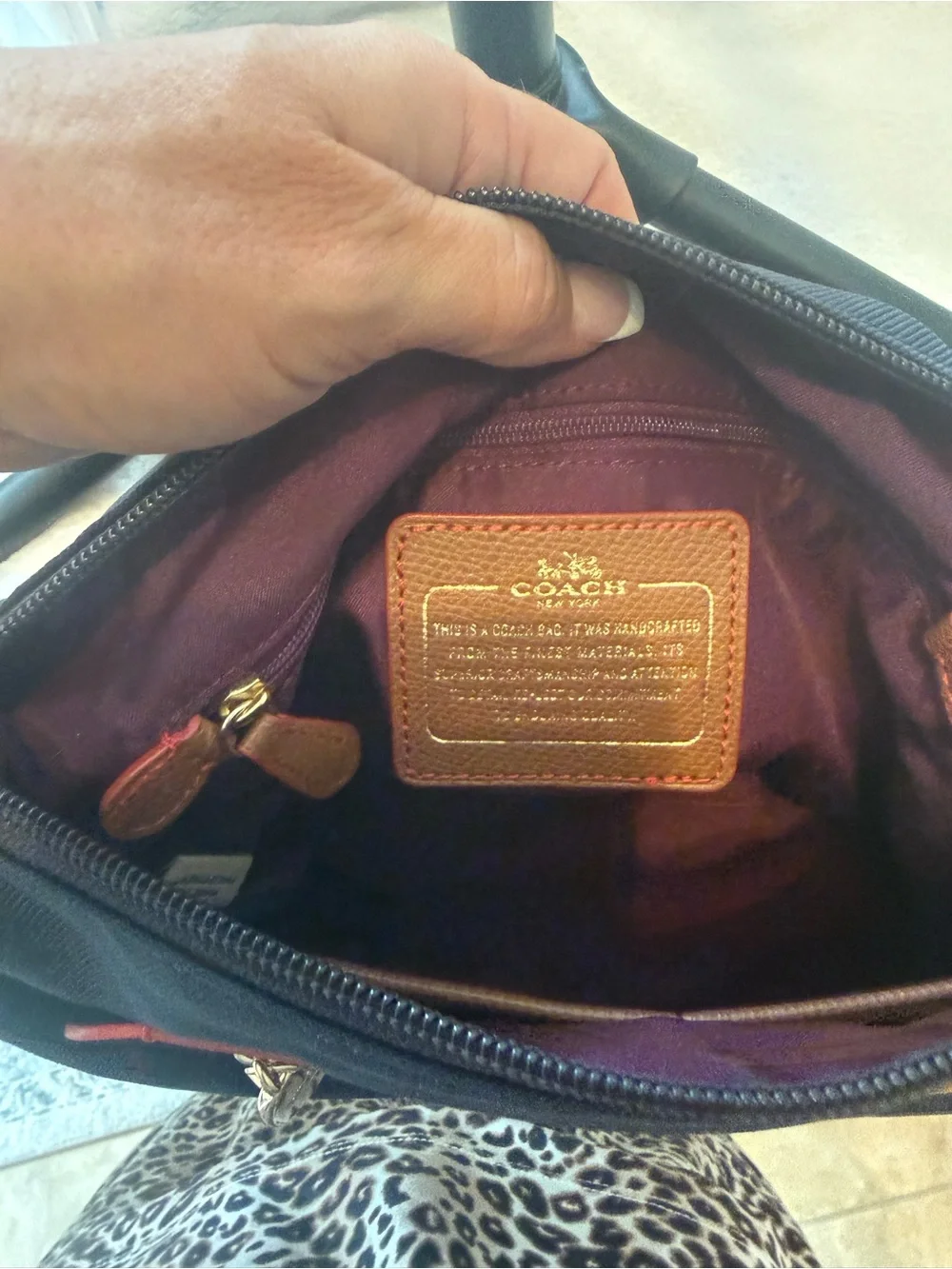 COACH Sawyer Navy Nylon Crossbody Bag with Tan leather Trim and red accents